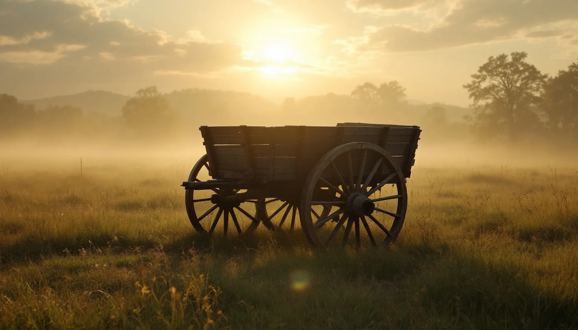 An old wooden farm cart with large spoked wheels standing in a sunlit meadow at dawn, AxleCoverage personal loan requests $100 to $5,000